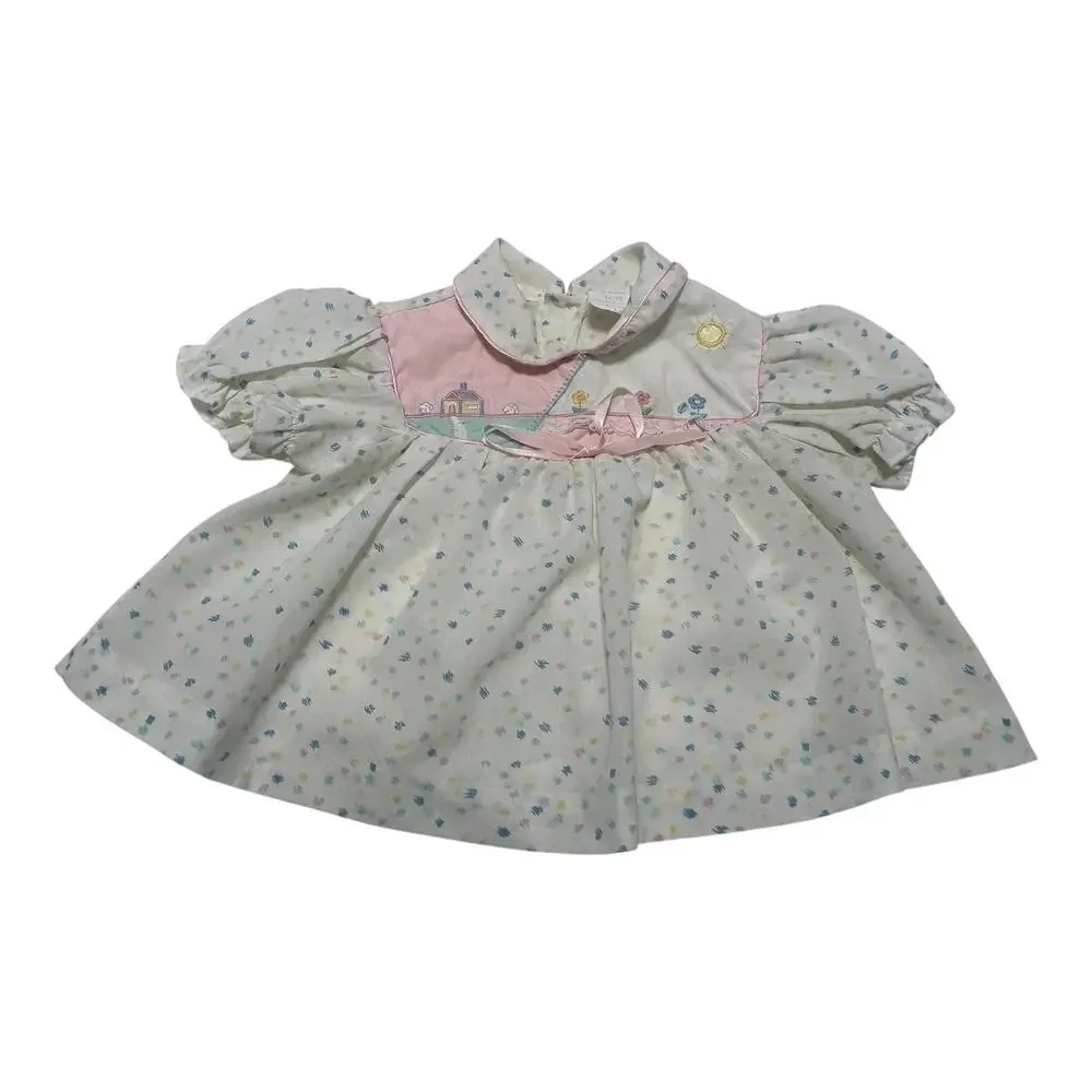 Vintage 2-piece Baby Outfit Top Pants 18 Months Girl Pink Appliqué House Flowers